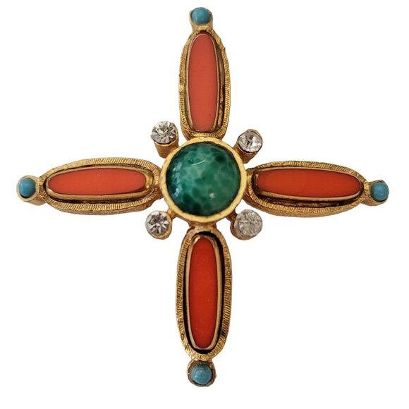 Gold Tone Orange Bezel Set, Green Mottled Cab Maltese Cross Brooch Pendant E782 - Picture 10 of 10